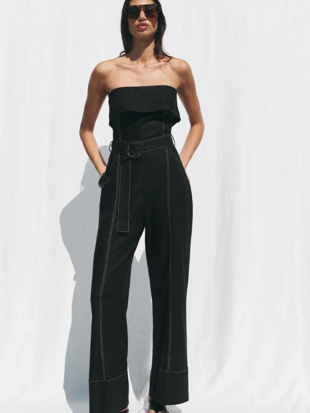 ZARA Black Linen Strapless Jumpsuit – Belted, Straight Leg, EU Linen Size Large